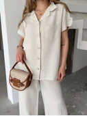 Keten Kısa Kollu Cepli Gömlek Pantolon Ikili Takım - Beyaz - 3