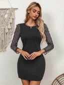 Kadın Bisiklet Yaka Kol Tül Detay Dalgıç Mini Boy Elbise - 1