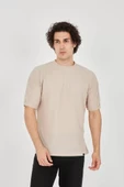Unisex Waffle Kumaş Rahat Kol T-Shirt - Bej - 1