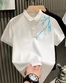 Unisex Yakası Düğmeli Oversize Baskılı T-Shirt - Beyaz - 1