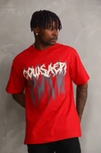 Unisex Baskılı Oversize T-Shirt - Kırmızı - 4