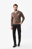 Baskılı V Yaka Uzun Kol Dokuma Triko - Kahve - 1