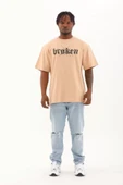Unisex Oversize Baskılı Bisiklet Yaka T-Shirt - Bej - 4