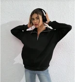 Unisex Uzun Kol Yarım Farmuarlı Yakalı Basic SweatShirt - Siyah - 2