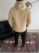 Üç İplik Kapşonlu Baskılı SweatShirt - Bej - 2