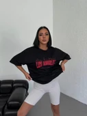 Unisex Bisiklet Yaka Baskılı Oversize T-Shirt - Siyah thumbnail 3