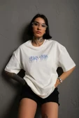 Unisex Bisiklet Yaka Baskılı Oversize T-Shirt - Beyaz thumbnail 1