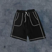 Unisex Dikişli Cepli Oversize Şort - Siyah - 1