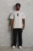Unisex Oversize Baskılı Bisiklet Yaka T-Shirt - Gri - 3