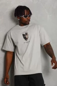 Unisex Oversize Baskılı Bisiklet Yaka T-Shirt - Gri - 1