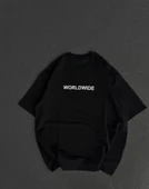 Unisex Bisiklet Yaka Baskılı Oversize T-Shirt - Siyah - 1