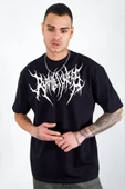 Unisex Bisiklet Yaka Baskılı Oversize T-Shirt - Siyah - 1