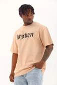 Unisex Oversize Baskılı Bisiklet Yaka T-Shirt - Bej - 1
