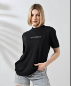 Unisex Bisiklet Yaka Baskılı Slim Fit T-Shirt - Siyah thumbnail 2