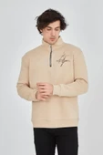 Erkek Yarım Fermuarlı Baskılı Sweat - Bej - 4