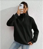 Unisex Uzun Kol Yarım Farmuarlı Yakalı Basic SweatShirt - Siyah - 1