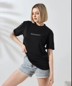 Unisex Bisiklet Yaka Baskılı Slim Fit T-Shirt - Siyah thumbnail 4