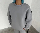 Kışlık Bisiklet Yaka Üç İplik Basic SweatShirt - Gri - 2