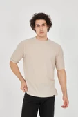 Unisex Waffle Kumaş Rahat Kol T-Shirt - Bej - 2
