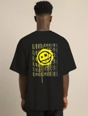 Unisex Bisiklet Yaka Baskılı Oversize T-Shirt - Siyah thumbnail 4