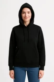 Üç İplik Kapüşonlu Kanguru Çepli SweatShirt Hoodie - Siyah - 3