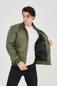Erkek Fermuarlı İçten Elyaf Ve Astarlı Suni Deri Ceket - Koyu Yeşil - 4