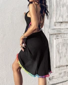 Kadın Askılı Derin V Yakalı çapraz Geçmeli Ponponlu Bürümcük Pareo - 2