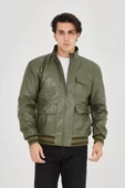 Erkek Fermuarlı İçten Elyaf Ve Astarlı Suni Deri Ceket - Koyu Yeşil - 3
