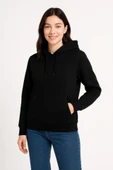 Üç İplik Kapüşonlu Kanguru Çepli SweatShirt Hoodie - Siyah - 4