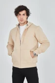Erkek Kapüşonlu Düz Fermuarlı Hırka - Bej - 2