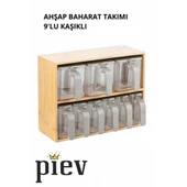 Piev Bambu Standlı Bölmeli Kapaklı ve Kaşıklı 9 Lu Şeffaf Baharatlık thumbnail 2