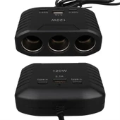 Olesson 2012 12-24V Çift TYPE-C - Tek USB Girişli 120W 80Cm Kablolu 3'LÜ Araç Çakmak Çoklayıcı - 4