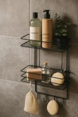 2 Katlı Siyah Kancalı Banyo Duş Rafı, Şampuanlık, Lif/Kese Askılı, Paslanmaz Metal, Banyo Düzenleyici - (TŞ-02) - 5