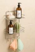 2 Katlı Krom Kancalı Banyo Duş Rafı, Şampuanlık, Lif/Kese Askılı, Paslanmaz Metal, Banyo Düzenleyici - (TŞ-02) - 4