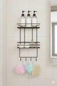 2 Katlı Siyah Kancalı Banyo Duş Rafı, Şampuanlık, Lif/Kese Askılı, Paslanmaz Metal, Banyo Düzenleyici - (TŞ-02) - 2