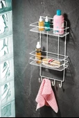 2 Katlı Beyaz Kancalı Banyo Duş Rafı, Şampuanlık, Lif/Kese Askılı, Paslanmaz Metal, Banyo Düzenleyici - (TŞ-02) - 1