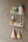 2 Katlı Beyaz Kancalı Banyo Duş Rafı, Şampuanlık, Lif/Kese Askılı, Paslanmaz Metal, Banyo Düzenleyici - (TŞ-02) - 3
