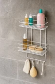 2 Katlı Beyaz Kancalı Banyo Duş Rafı, Şampuanlık, Lif/Kese Askılı, Paslanmaz Metal, Banyo Düzenleyici - (TŞ-02) - 5
