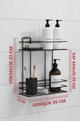 2 Katlı Siyah Kancalı Banyo Duş Rafı, Şampuanlık, Lif/Kese Askılı, Paslanmaz Metal, Banyo Düzenleyici - (TŞ-02) - 7