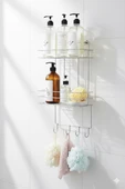 2 Katlı Krom Kancalı Banyo Duş Rafı, Şampuanlık, Lif/Kese Askılı, Paslanmaz Metal, Banyo Düzenleyici - (TŞ-02) - 2