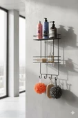 2 Katlı Siyah Kancalı Banyo Duş Rafı, Şampuanlık, Lif/Kese Askılı, Paslanmaz Metal, Banyo Düzenleyici - (TŞ-02) - 6