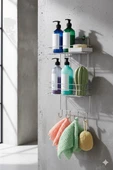 2 Katlı Krom Kancalı Banyo Duş Rafı, Şampuanlık, Lif/Kese Askılı, Paslanmaz Metal, Banyo Düzenleyici - (TŞ-02) - 5
