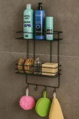 2 Katlı Siyah Kancalı Banyo Duş Rafı, Şampuanlık, Lif/Kese Askılı, Paslanmaz Metal, Banyo Düzenleyici - (TŞ-02) - 3