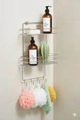 2 Katlı Krom Kancalı Banyo Duş Rafı, Şampuanlık, Lif/Kese Askılı, Paslanmaz Metal, Banyo Düzenleyici - (TŞ-02) - 6