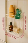 2 Katlı Beyaz Kancalı Banyo Duş Rafı, Şampuanlık, Lif/Kese Askılı, Paslanmaz Metal, Banyo Düzenleyici - (TŞ-02) - 7