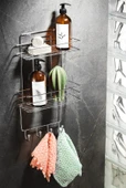 2 Katlı Krom Kancalı Banyo Duş Rafı, Şampuanlık, Lif/Kese Askılı, Paslanmaz Metal, Banyo Düzenleyici - (TŞ-02) - 1