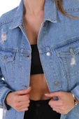 Kadın Mavi Sayı Baskılı Yırtık Detaylı Jean Boyfriend Oversize Uzun Kot Ceket - 7
