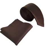 kahverengi ince kravat mendil seti - 1