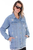Kadın Mavi Sayı Baskılı Yırtık Detaylı Jean Boyfriend Oversize Uzun Kot Ceket - 4