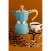 Italyan Moka Pot - 6061 Saf Alüminyum  Ahşap Saplı - 6 kişilik MAVİ - 1
